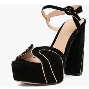 XYD Black Retro Chunky Heel Thick Platform Open Toe Buckle Ankle Strap Sandals
